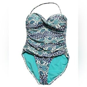 La Blanca one piece goddess v-neck snake print ruched bathing suit blue teal